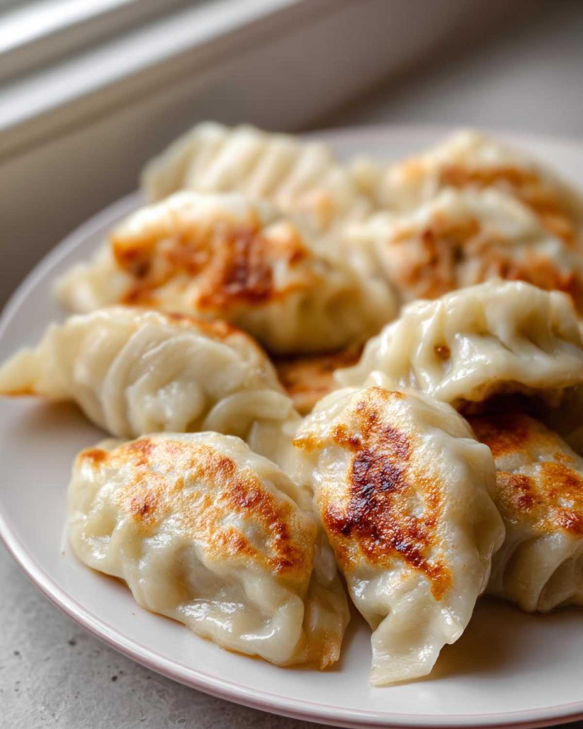 Close-up of perfectly pan-fried Traditional Chinese Dumplings with golden-brown bottoms on a white plate.