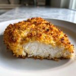 A close-up of a perfectly cooked parmesan crusted chicken breast, showing the juicy white interior and crispy golden topping.