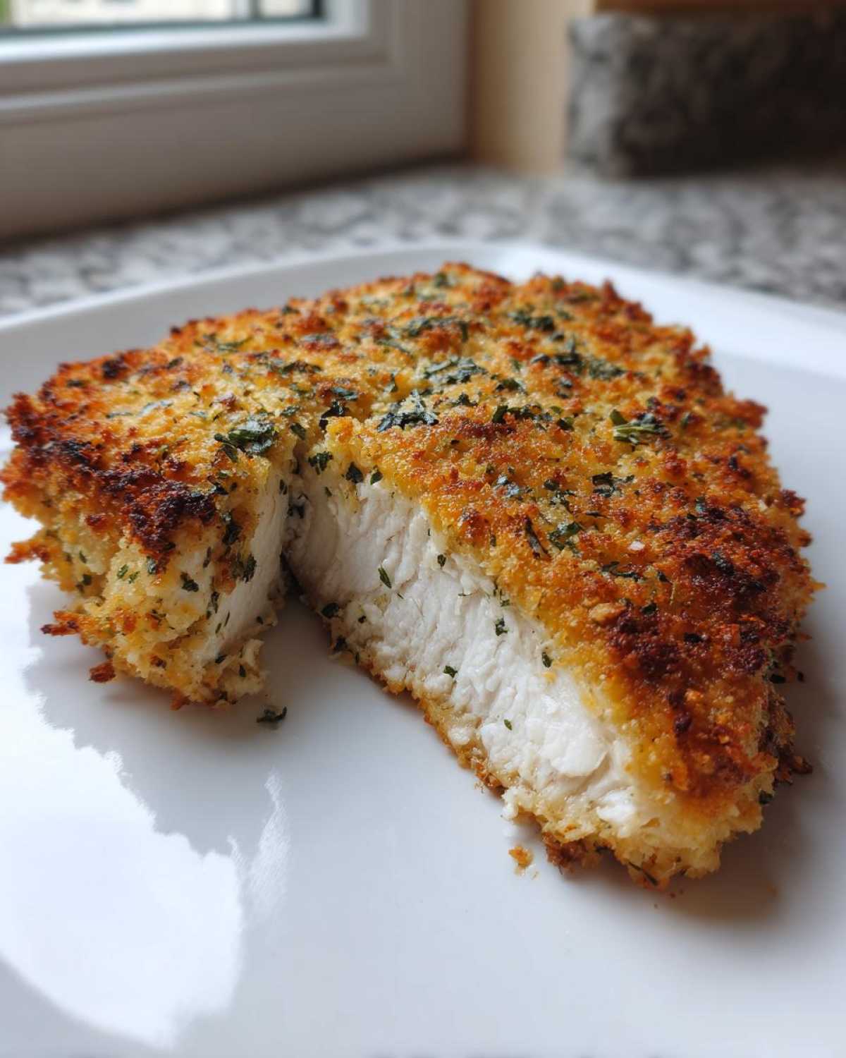 A piece of juicy parmesan crusted chicken cut in half, showing the white interior.