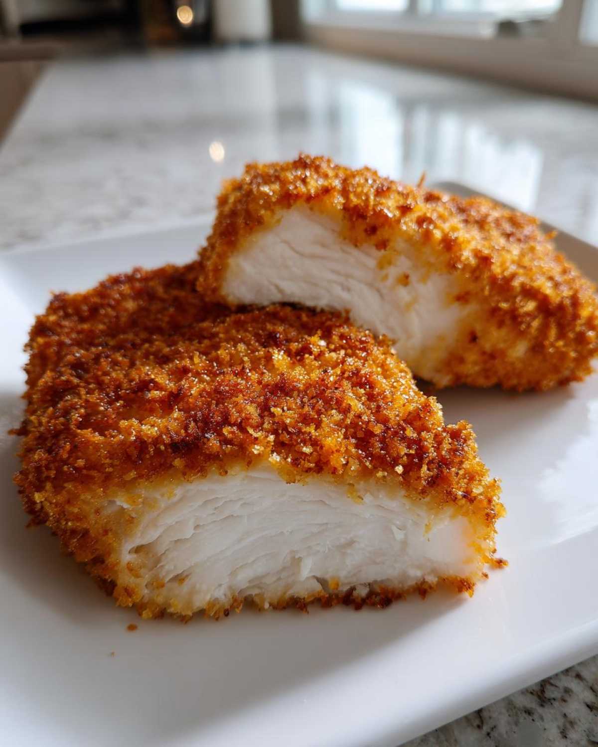 Cross-section view showing the moist white meat of parmesan crusted chicken with a golden-brown crust.