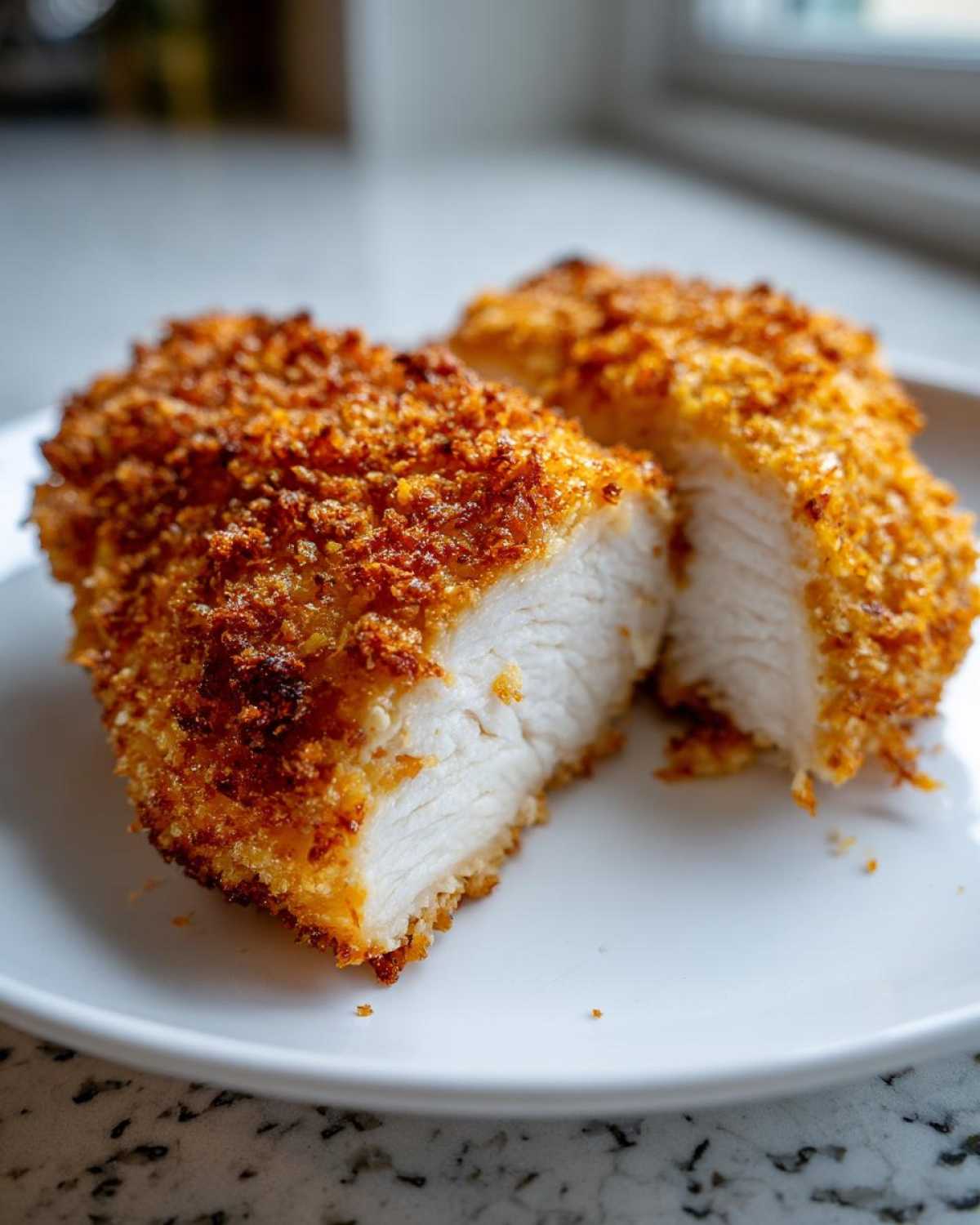 Close-up of juicy parmesan crusted chicken cut in half, showing the white interior and crispy coating.