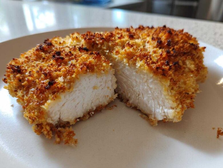 Close-up of a juicy parmesan crusted chicken breast cut in half, showing the white interior and golden crust.