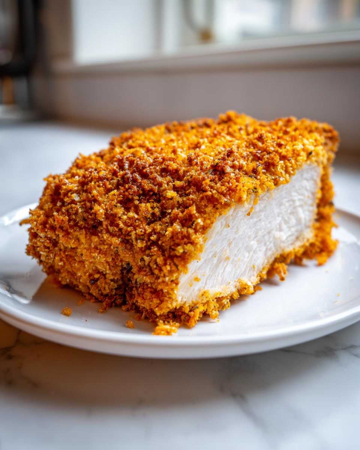 Cross-section of a perfectly cooked parmesan crusted chicken breast showing the white interior and crispy golden crust.