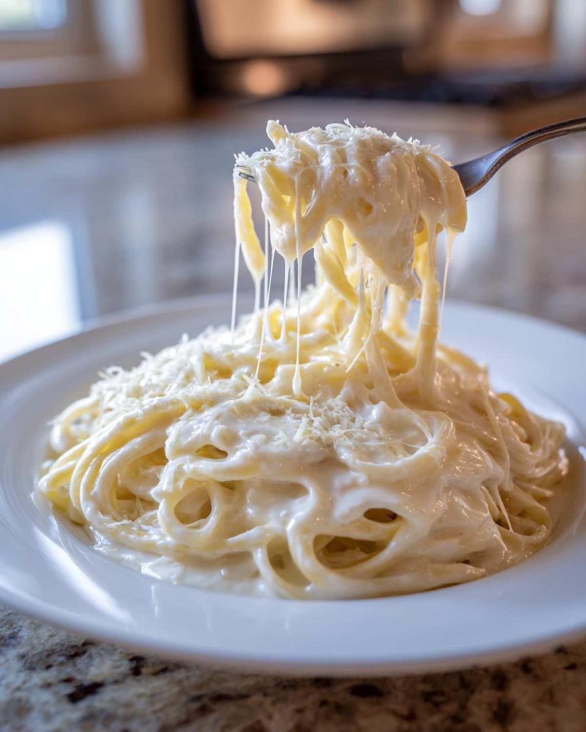 A fork lifts cheesy pasta coated in rich olive garden alfredo sauce, showing long cheese pulls.