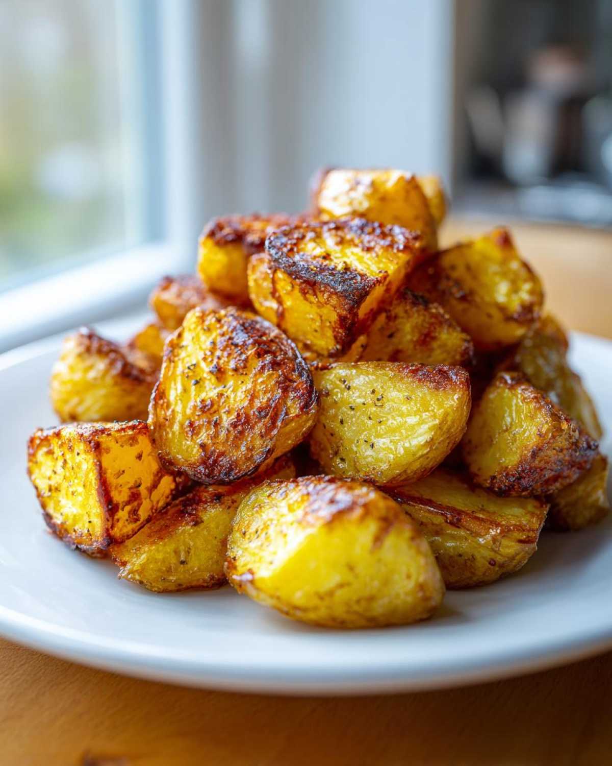A mound of golden brown, crispy roasted breakfast potatoes seasoned with pepper on a white plate.
