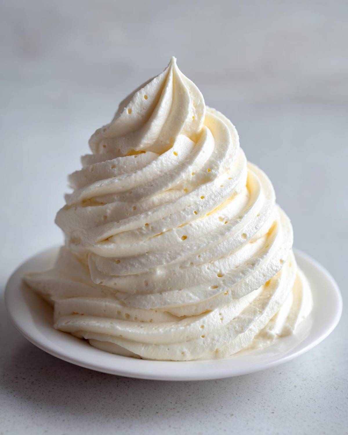 A tall, perfectly piped swirl of fluffy white cream cheese frosting sitting on a small white saucer.