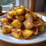 A close-up shot of a mound of golden, crispy, seasoned breakfast potatoes piled high on a white plate.