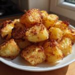 A mound of golden, crispy breakfast potatoes piled high on a white plate, catching bright sunlight.
