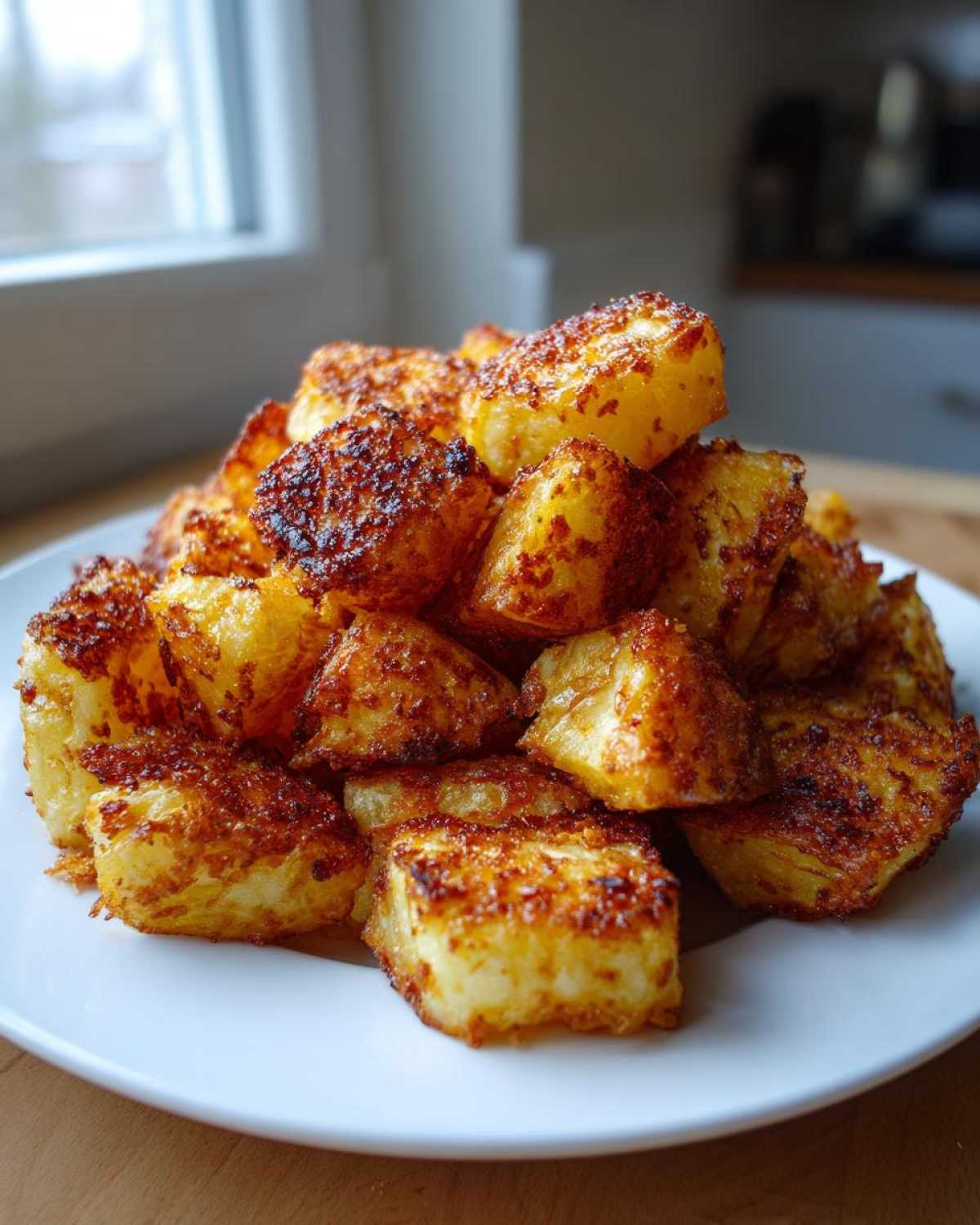 A mound of golden, crispy breakfast potatoes piled high on a white plate near a window.