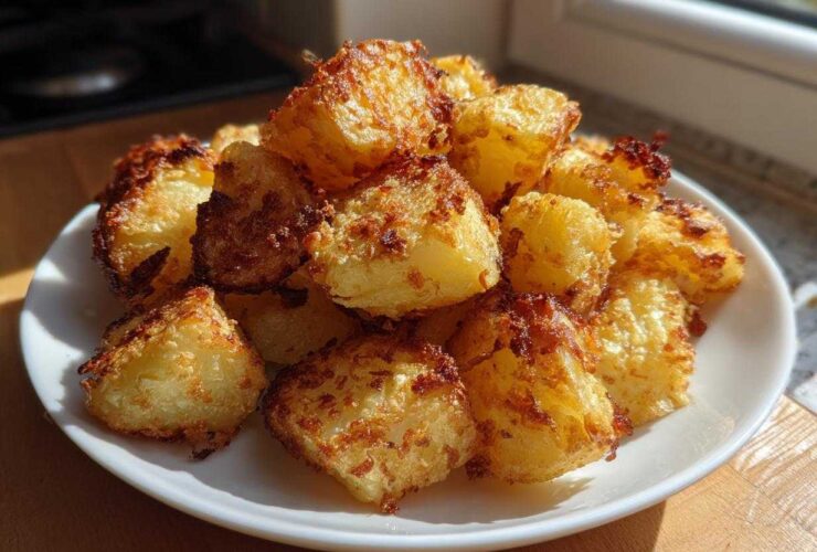 A mound of golden, crispy breakfast potatoes piled high on a white plate, catching bright sunlight.