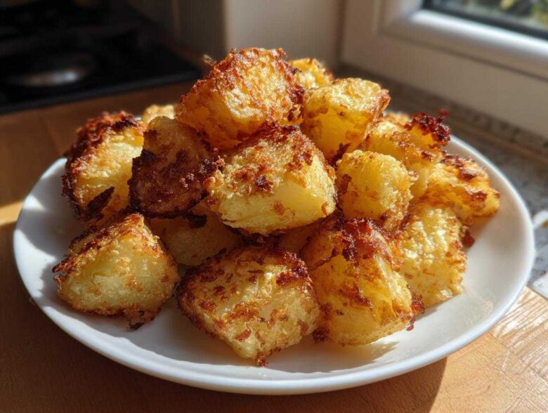 A mound of golden, crispy breakfast potatoes piled high on a white plate, catching bright sunlight.