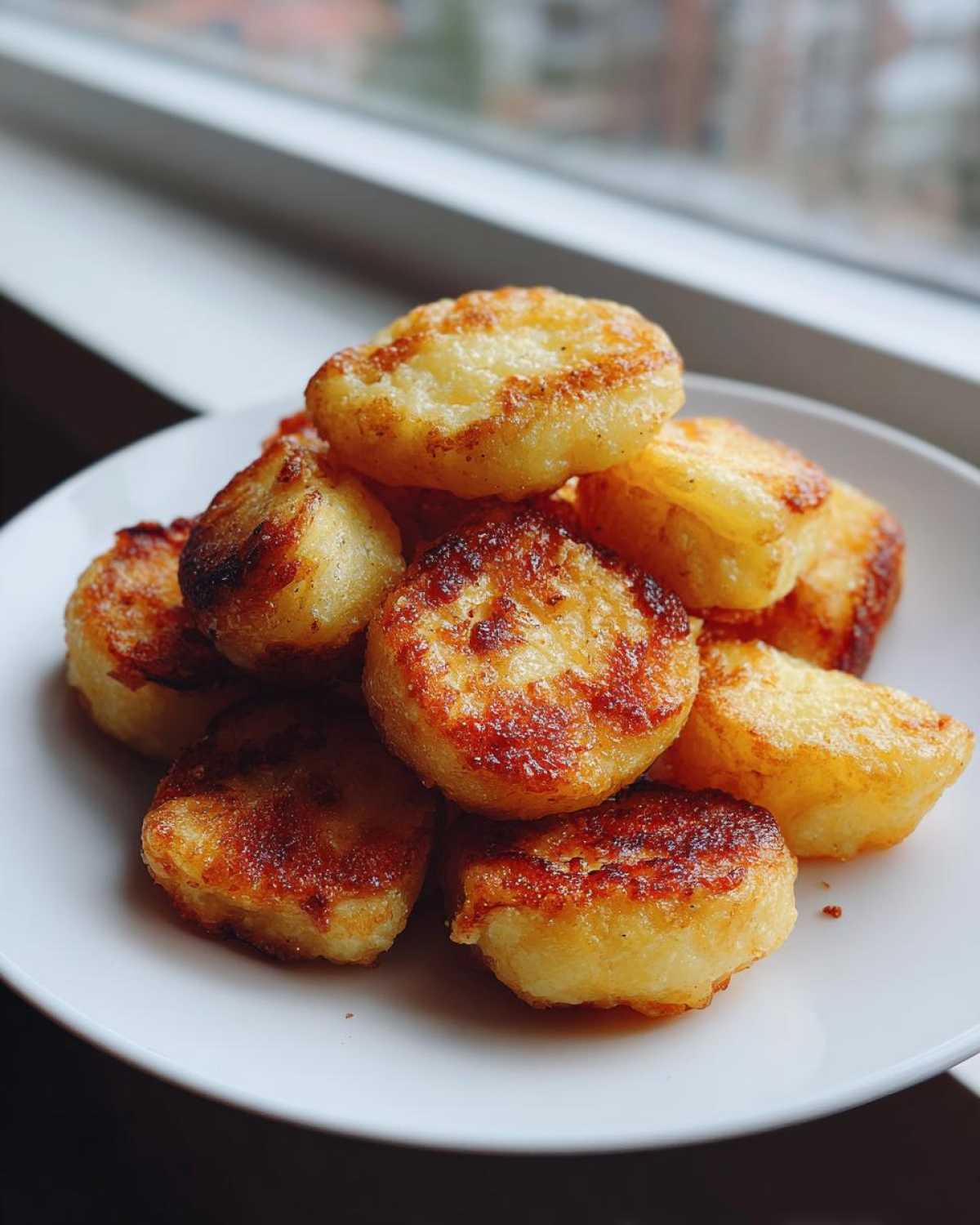 A stack of golden-brown, pan-fried breakfast potatoes piled high on a white plate near a window.