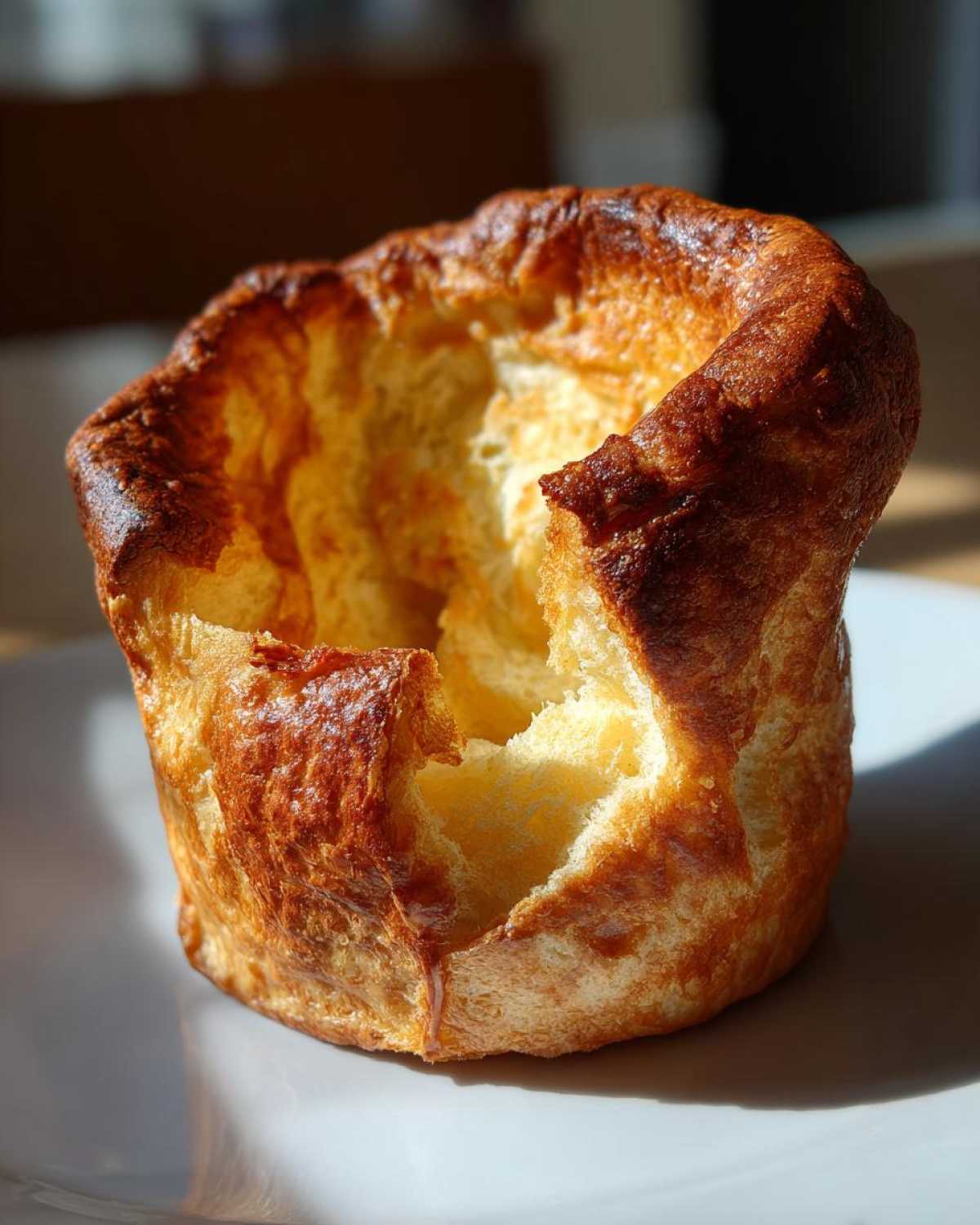 A single, golden-brown, perfectly puffed Yorkshire pudding sitting on a white plate.