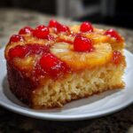 A moist slice of pineapple upside down cake topped with caramelized pineapple rings and bright red maraschino cherries.