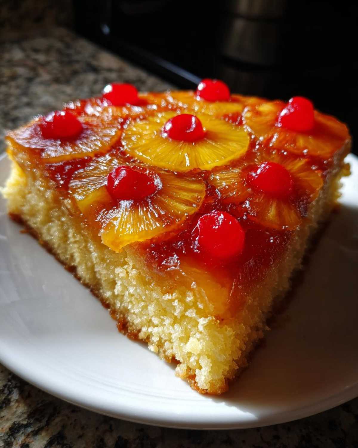 A moist slice of pineapple upside down cake topped with caramelized pineapple rings and bright red maraschino cherries.
