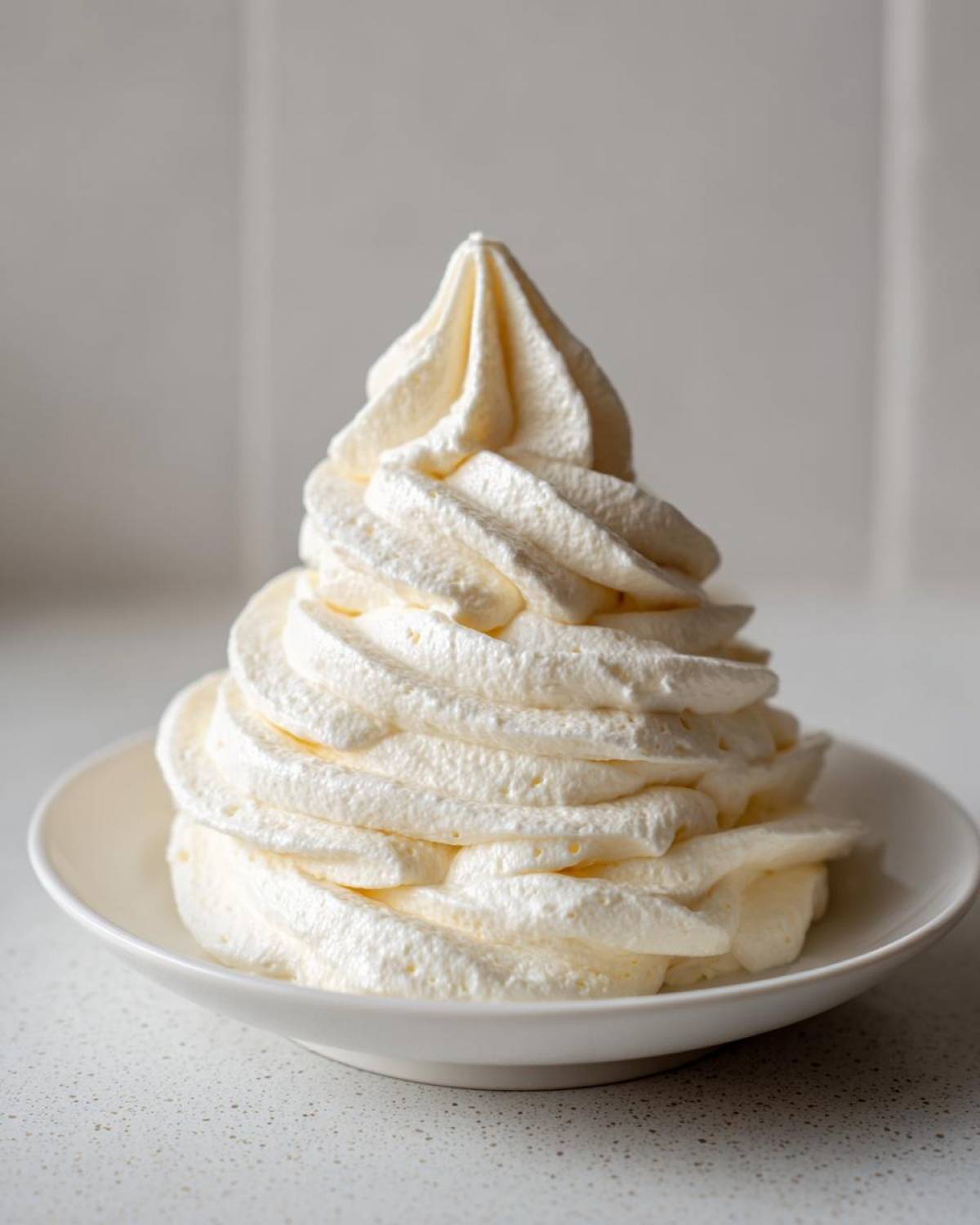 A tall, perfectly piped swirl of fluffy, pale yellow cream cheese frosting sitting in a small white bowl.