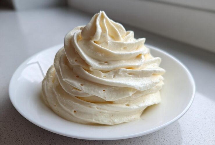 A tall, perfectly piped swirl of light, fluffy cream cheese frosting sitting on a small white saucer.