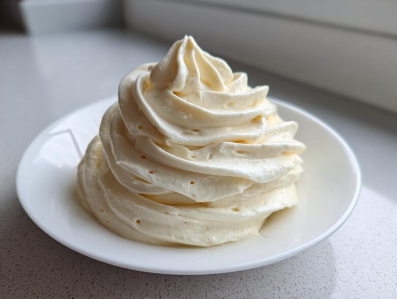 A tall, perfectly piped swirl of light, fluffy cream cheese frosting sitting on a small white saucer.