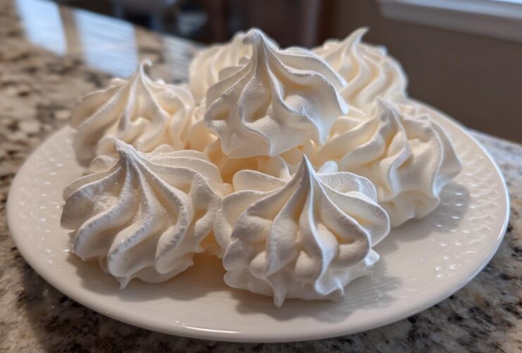 A close-up of several perfectly piped, white meringue cookies stacked on a small white plate.