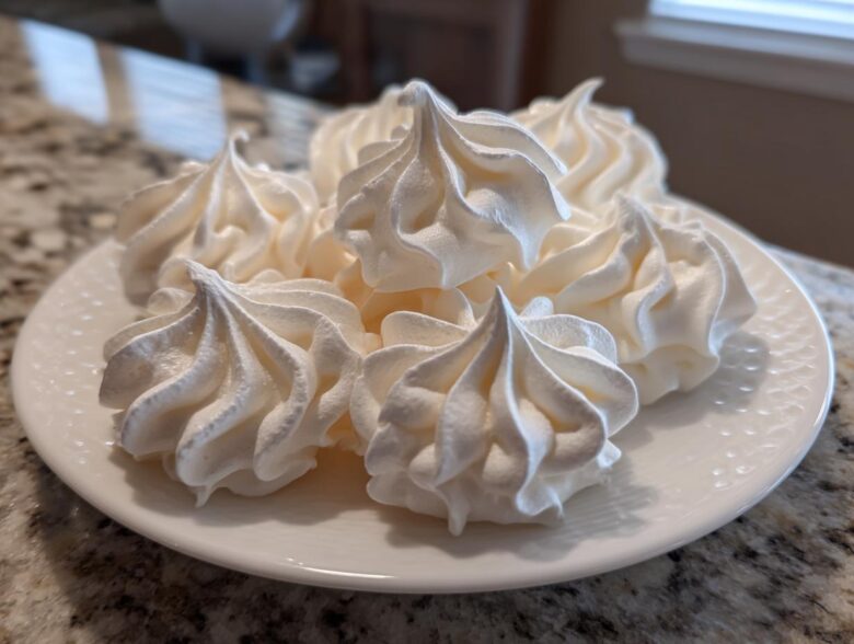 A close-up of several perfectly piped, white meringue cookies stacked on a small white plate.