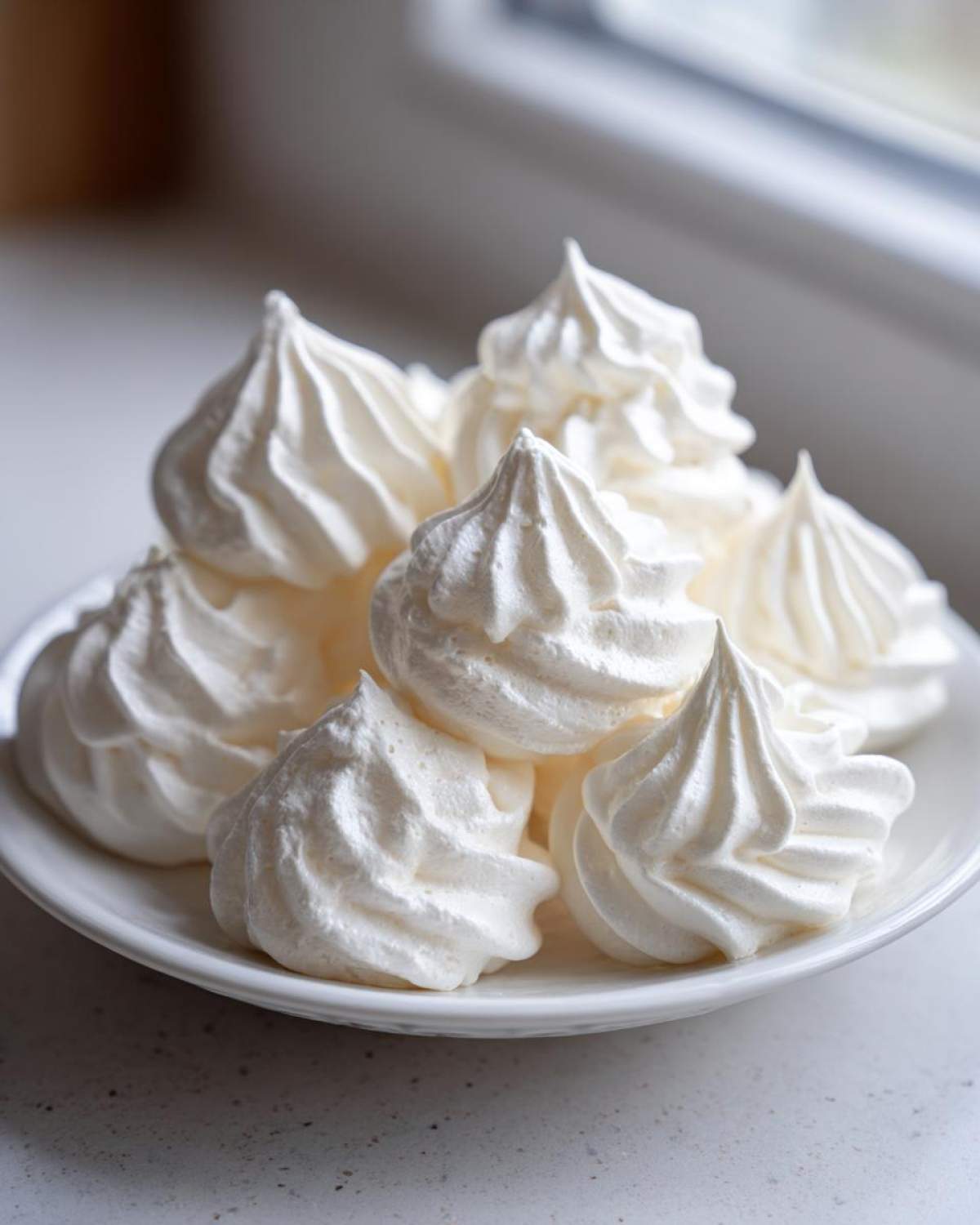 A close-up of several perfectly piped, white meringue cookies piled on a small white dish.