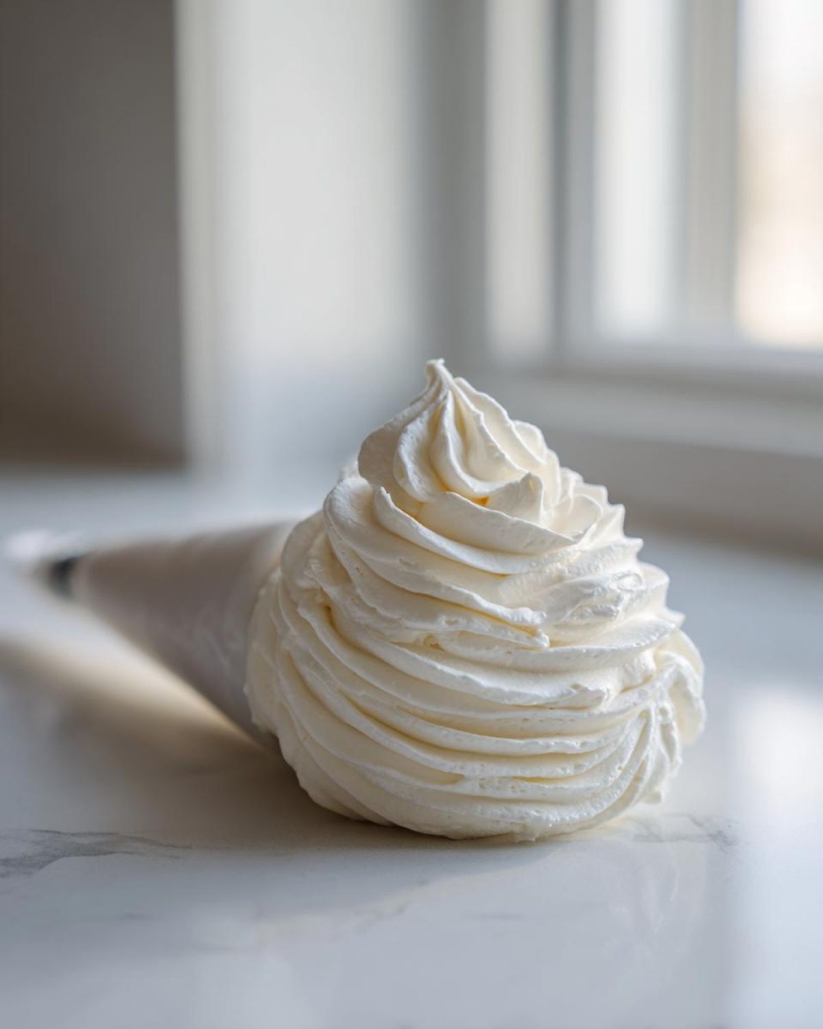 A perfectly piped swirl of creamy white vanilla buttercream frosting coming out of a pastry bag.