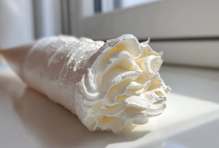 Close-up of a piping bag filled with fluffy vanilla buttercream frosting, showing a decorative swirl tip.