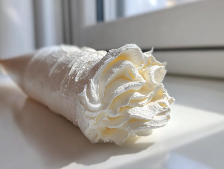 Close-up of a piping bag filled with fluffy vanilla buttercream frosting, showing a decorative swirl tip.