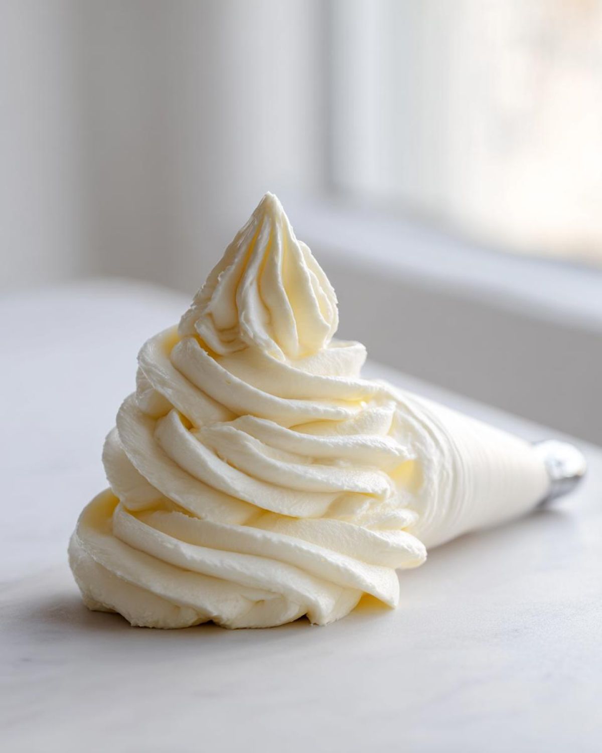 A close-up of a piping bag dispensing a perfect swirl of creamy vanilla buttercream frosting onto a white surface.
