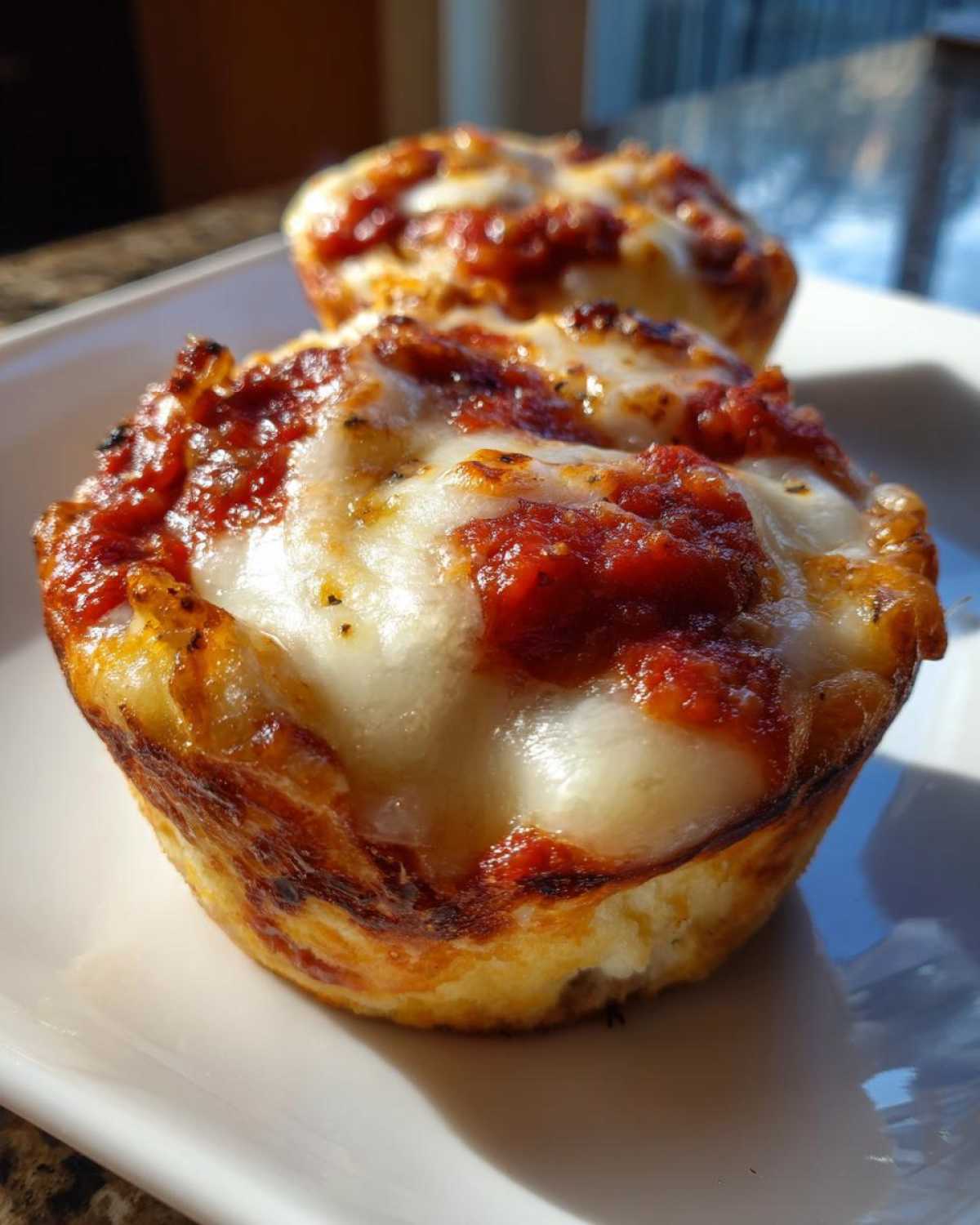 Close-up of two golden-brown pizza muffins topped with melted mozzarella cheese and rich tomato sauce.