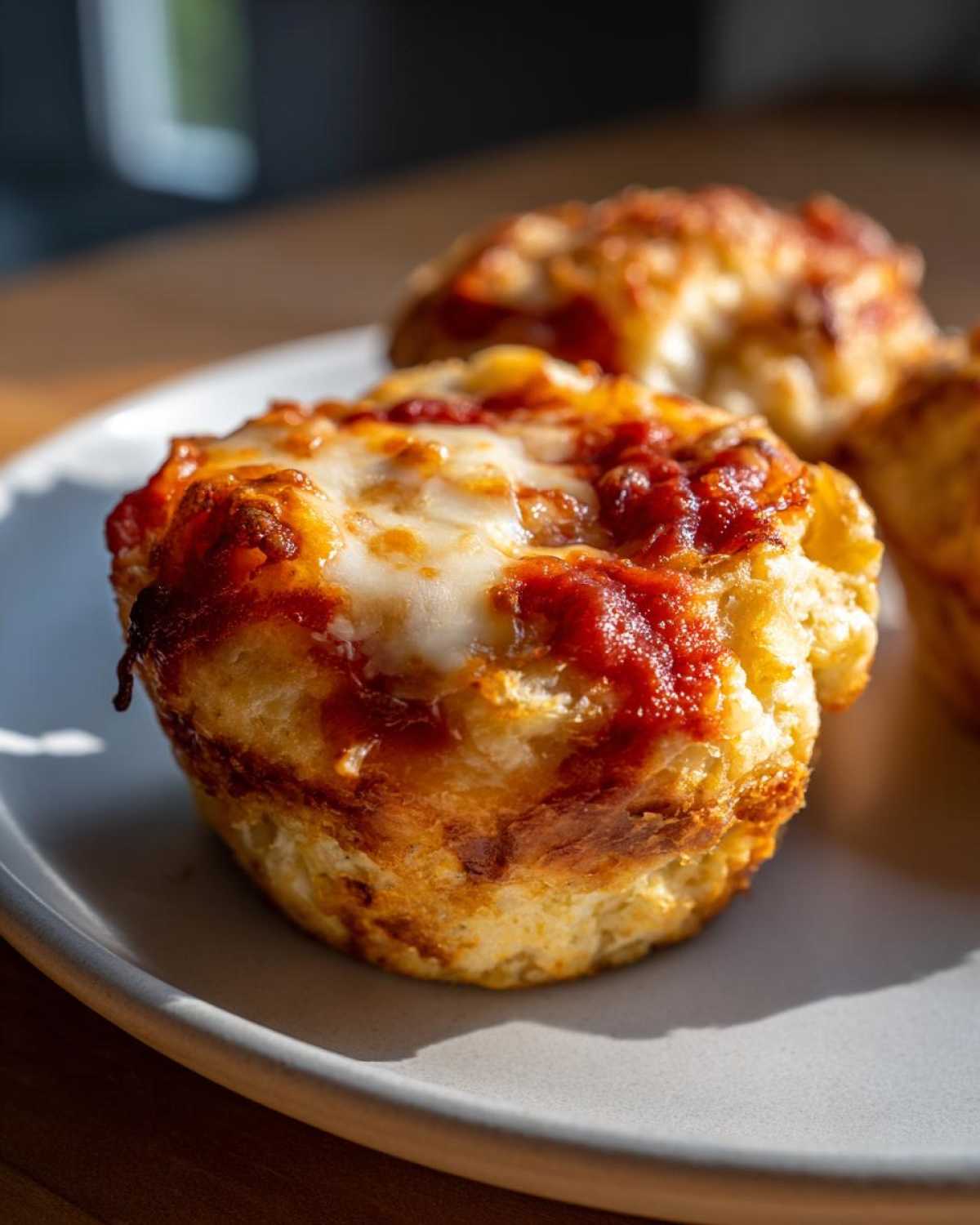 A close-up of a freshly baked pizza muffin topped with melted mozzarella cheese and tomato sauce.