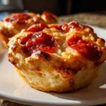 Close-up of a golden brown, cheesy pizza muffin topped with pepperoni, sitting on a white plate.