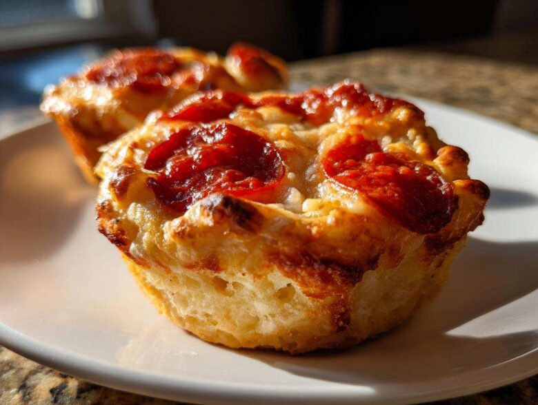 Close-up of a golden brown, cheesy pizza muffin topped with pepperoni, sitting on a white plate.