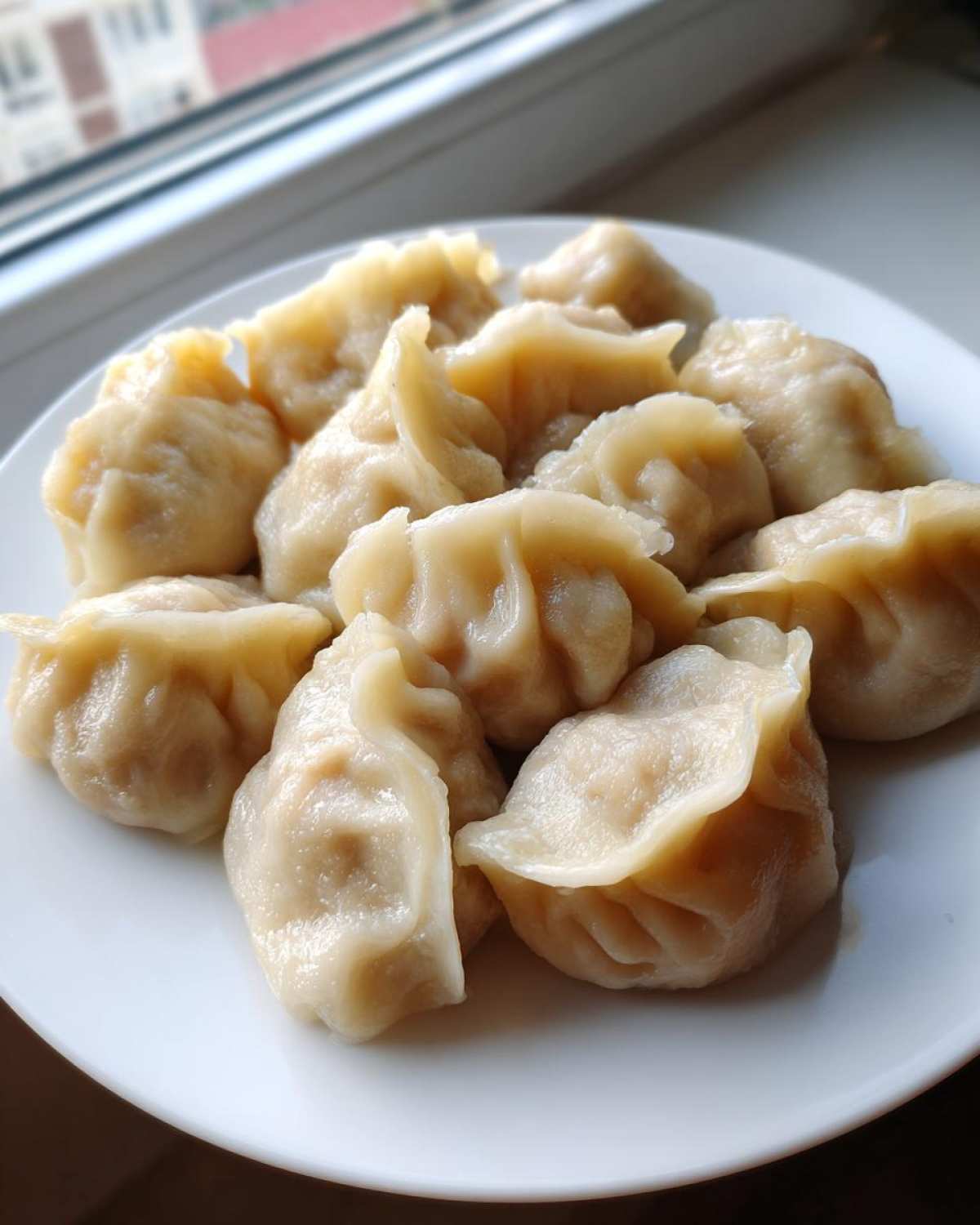 A plate filled with freshly steamed Traditional Chinese Dumplings, showing their crimped edges.