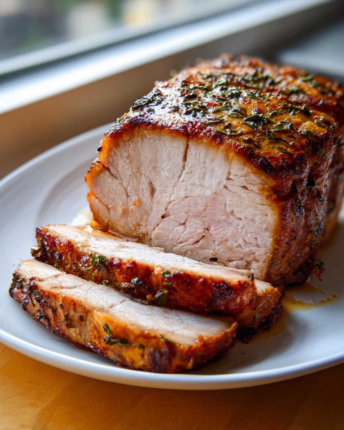 A beautifully roasted pork loin roast, partially sliced, showing juicy interior and herb crust.