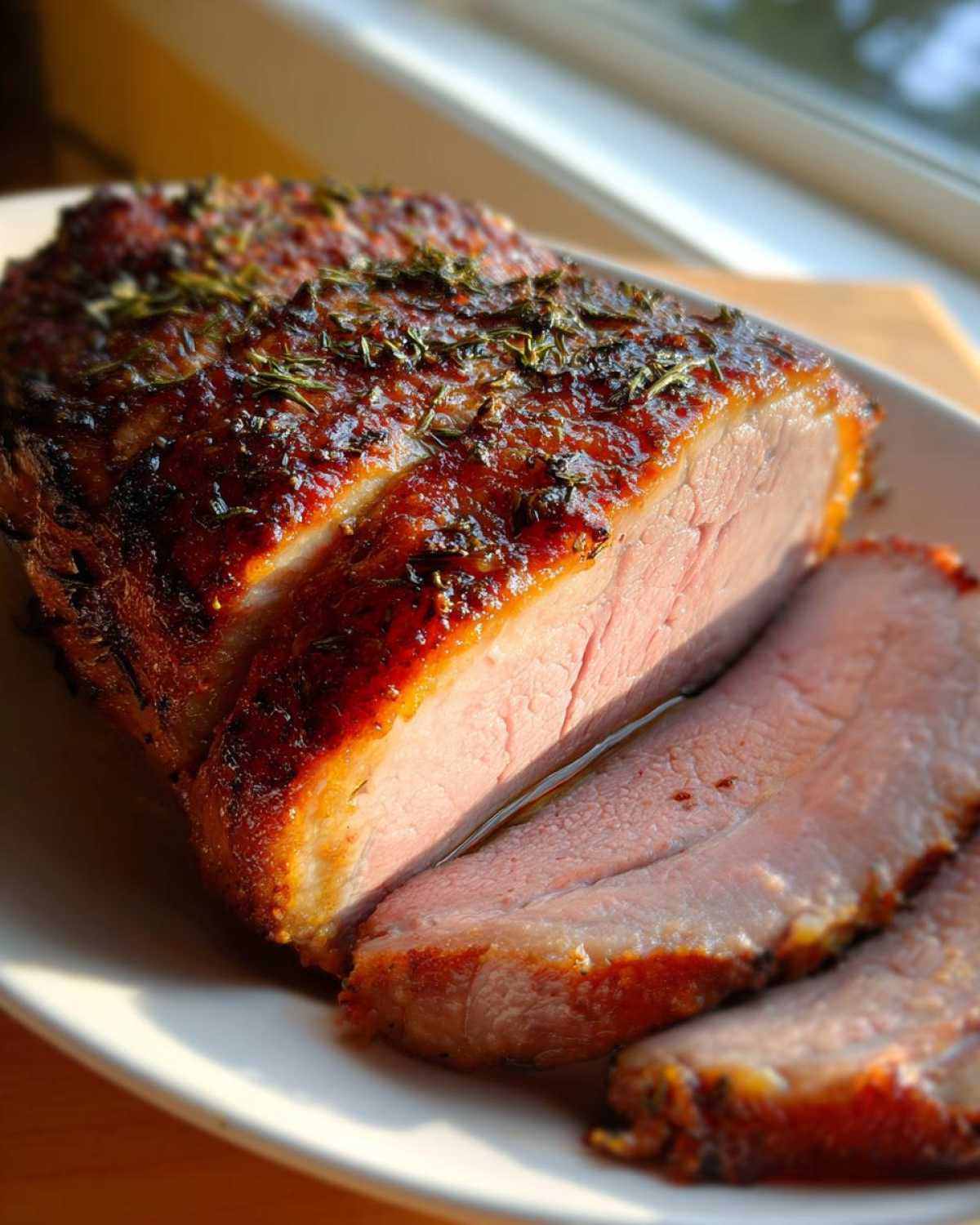 Close-up of a juicy, herb-crusted pork loin roast, sliced to show the tender pink interior.