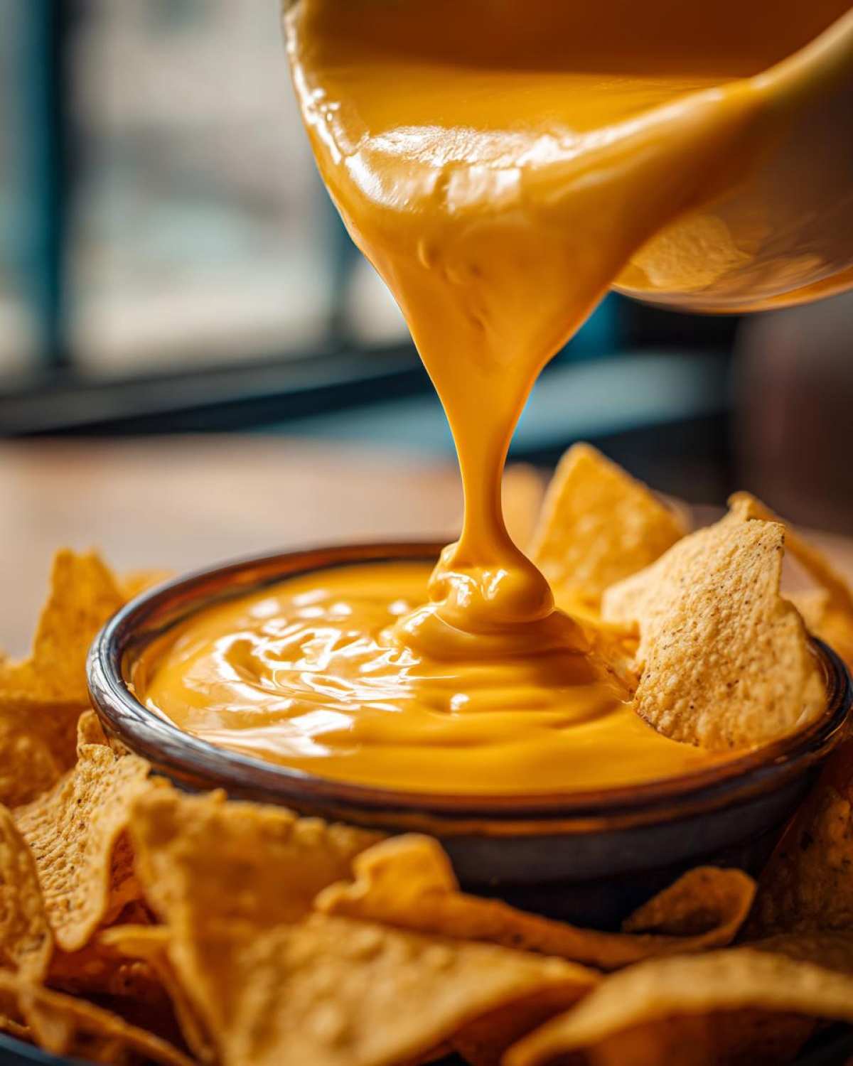 Close-up of thick, bright orange nacho cheese sauce being poured into a bowl surrounded by tortilla chips.