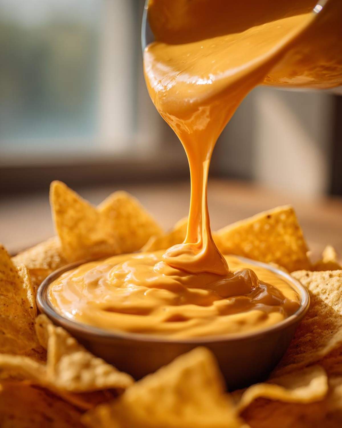 Thick, smooth nacho cheese sauce being poured into a bowl surrounded by tortilla chips.