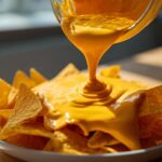 Close-up of rich, bright orange nacho cheese sauce being poured from a glass bowl onto a pile of tortilla chips.