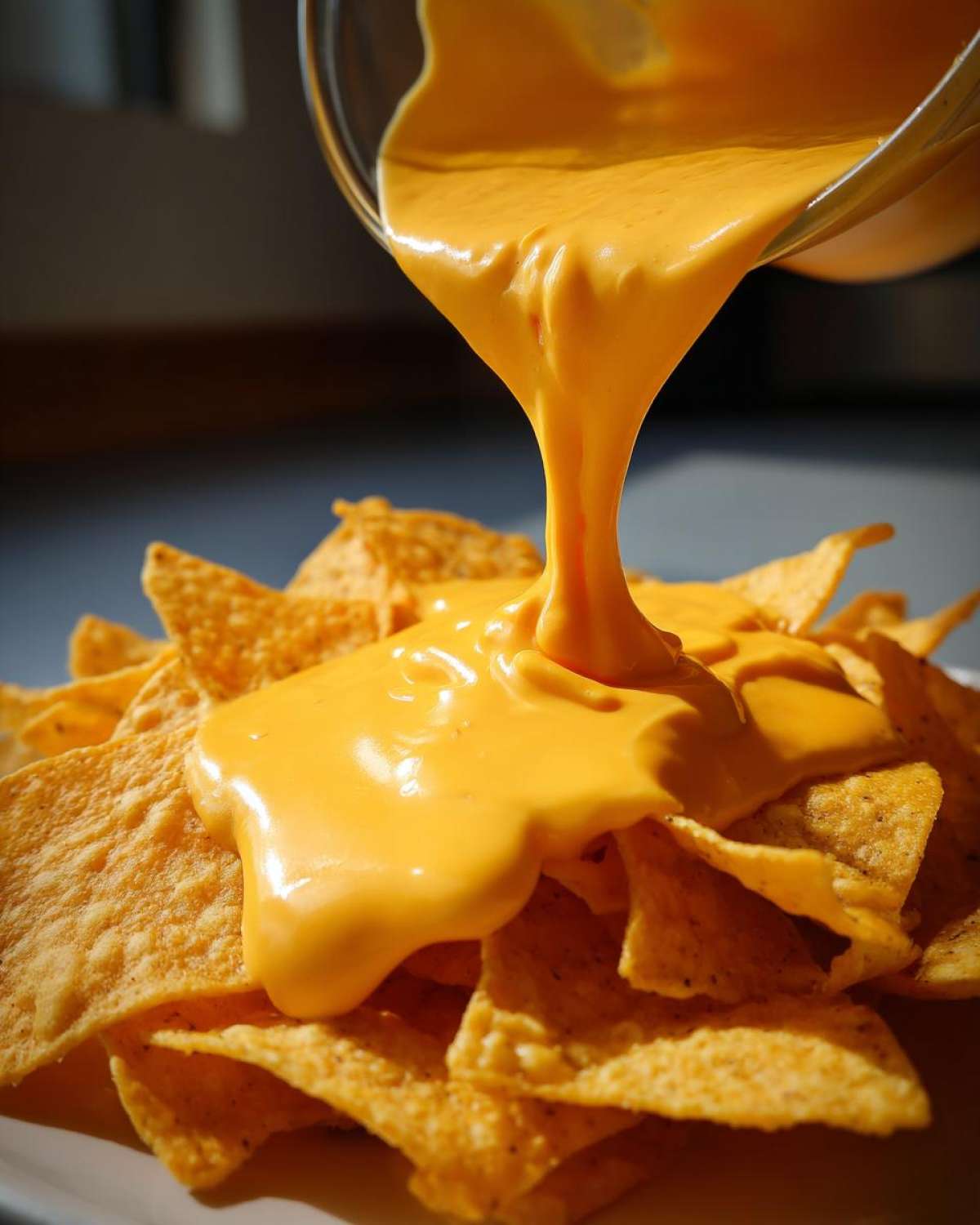 Close-up of thick, bright orange nacho cheese sauce being poured from a glass bowl onto a pile of tortilla chips.