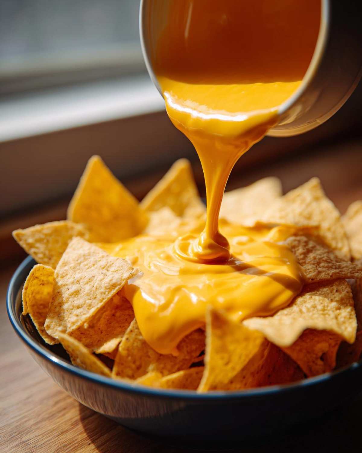 Close-up of thick, bright orange nacho cheese sauce being poured from a small bowl onto a pile of tortilla chips in a blue bowl.