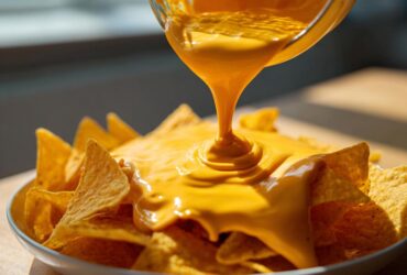 Close-up of rich, bright orange nacho cheese sauce being poured from a glass bowl onto a pile of tortilla chips.