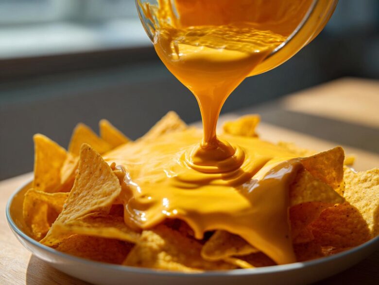 Close-up of rich, bright orange nacho cheese sauce being poured from a glass bowl onto a pile of tortilla chips.