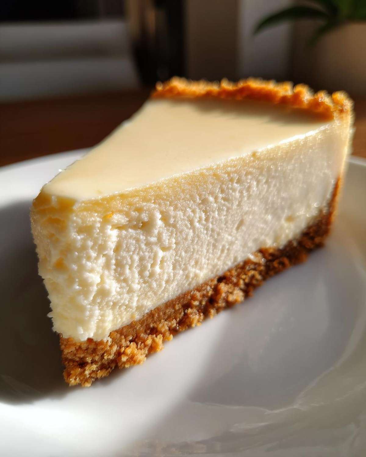 A perfect slice of creamy Protein Cheesecake with a thick graham cracker crust, sitting on a white plate.