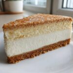 A thick slice of creamy Protein Cheesecake with a graham cracker crust and a lightly torched, textured top layer.