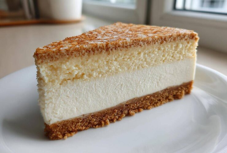 A thick slice of creamy Protein Cheesecake with a graham cracker crust and a lightly torched, textured top layer.