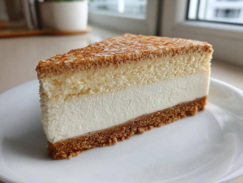 A thick slice of creamy Protein Cheesecake with a graham cracker crust and a lightly torched, textured top layer.