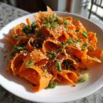 Close-up of a vibrant raw carrot salad made with shaved carrot ribbons, topped with sesame seeds and chopped green onions.