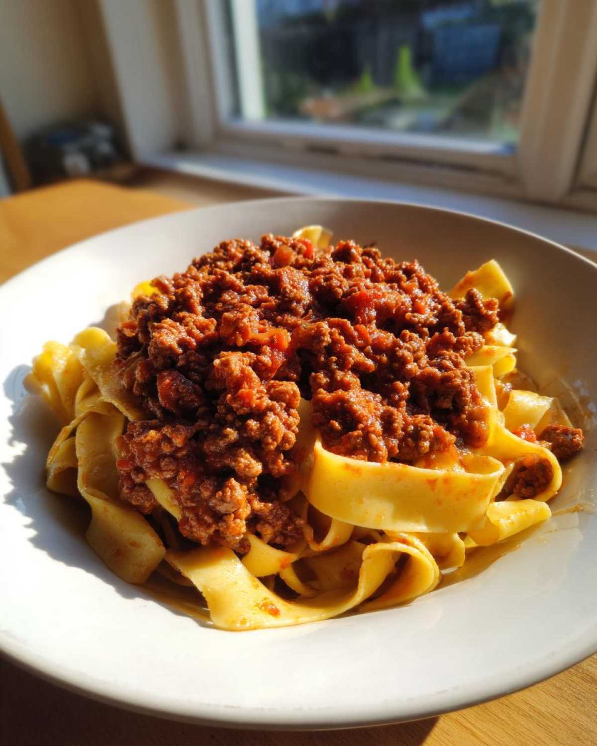 A close-up of rich bolognese sauce generously spooned over wide, fresh pappardelle pasta in a white bowl.