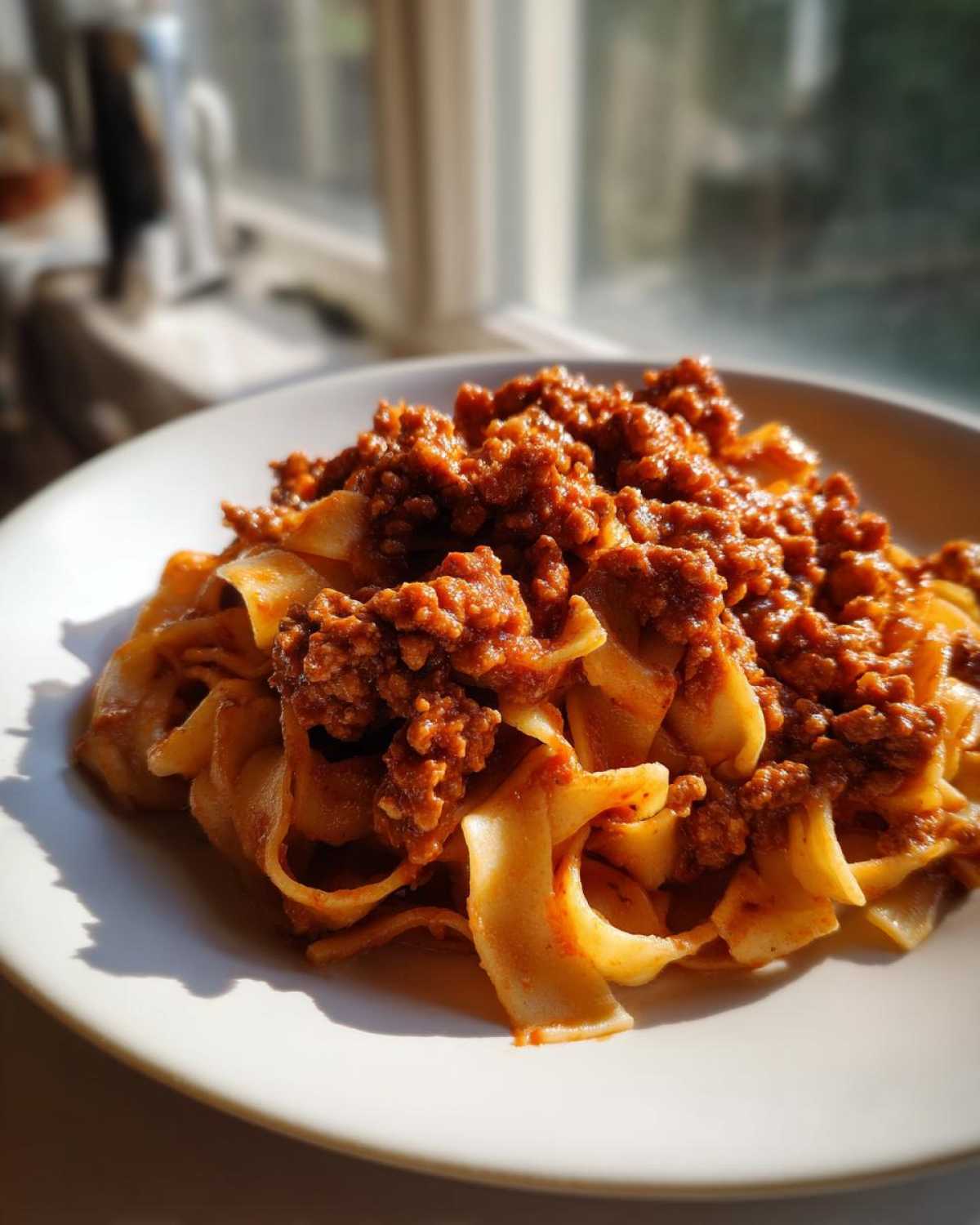 A close-up of wide, fresh pasta topped generously with rich bolognese sauce, brightly lit by sunlight.